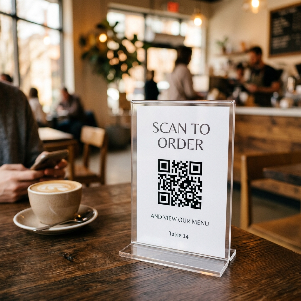 QR Code Table Stand in Modern Cafe